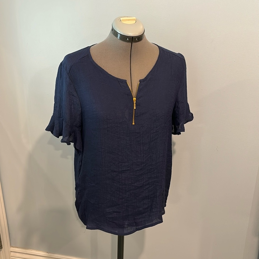 Women's Harve Benard Small Navy Short Sleeve Ruffle Blouse